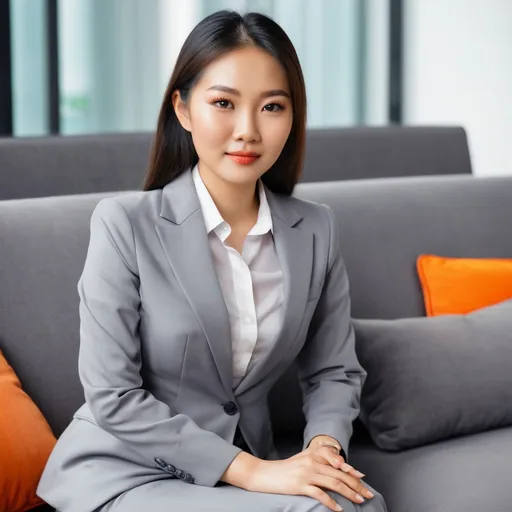 Prompt: ิbusiness asian woman in grey formal suit sit on the orange sofa
