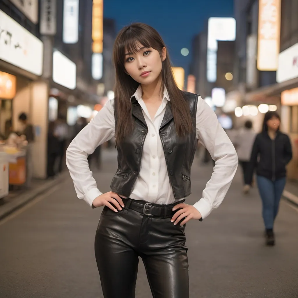 Prompt: japanese woman with long hair and bangs, wearing leather pants, tall boots, white shirt and a vest. posing in a tokyo street scene in the evening, full body photo