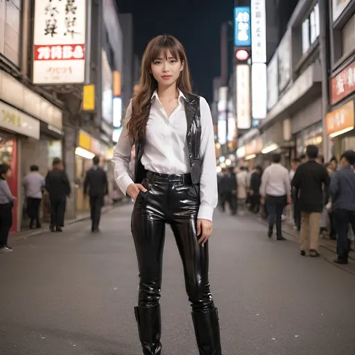 Prompt: japanese woman with long hair and bangs, wearing patent leather pants, boots, white shirt and a vest. posing in a tokyo commercial district street scene in the evening, full body photo