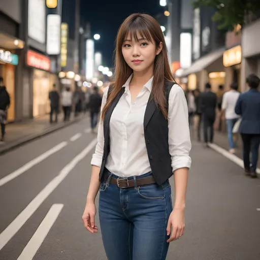 Prompt: japanese woman with long hair and bangs, wearing jeans, boots, white shirt and a vest. posing in a tokyo commercial district street scene in the evening, full body photo