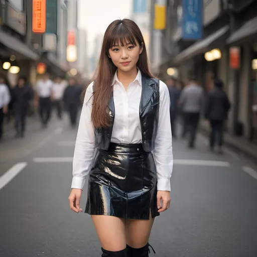 Prompt: japanese woman with long hair and bangs, wearing patent leather skirt, boots, white shirt and a vest. posing in a tokyo commercial district street scene in the evening, full body photo