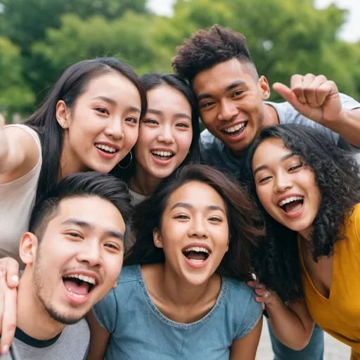 Prompt: Diverse group of people having fun outdoors - Multiracial young friends celebrating together - Focus on Asian woman face


