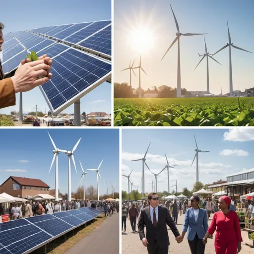 Prompt: A collage of four images representing the core aspects of utopia: fairness (scales of justice), unity (people holding hands), sustainability (a solar panel and a wind turbine), and prosperity (a bustling marketplace).