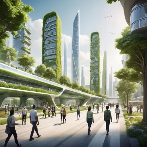 Prompt:  A futuristic cityscape with clean energy sources, diverse people walking and interacting, and green spaces integrated throughout the city.