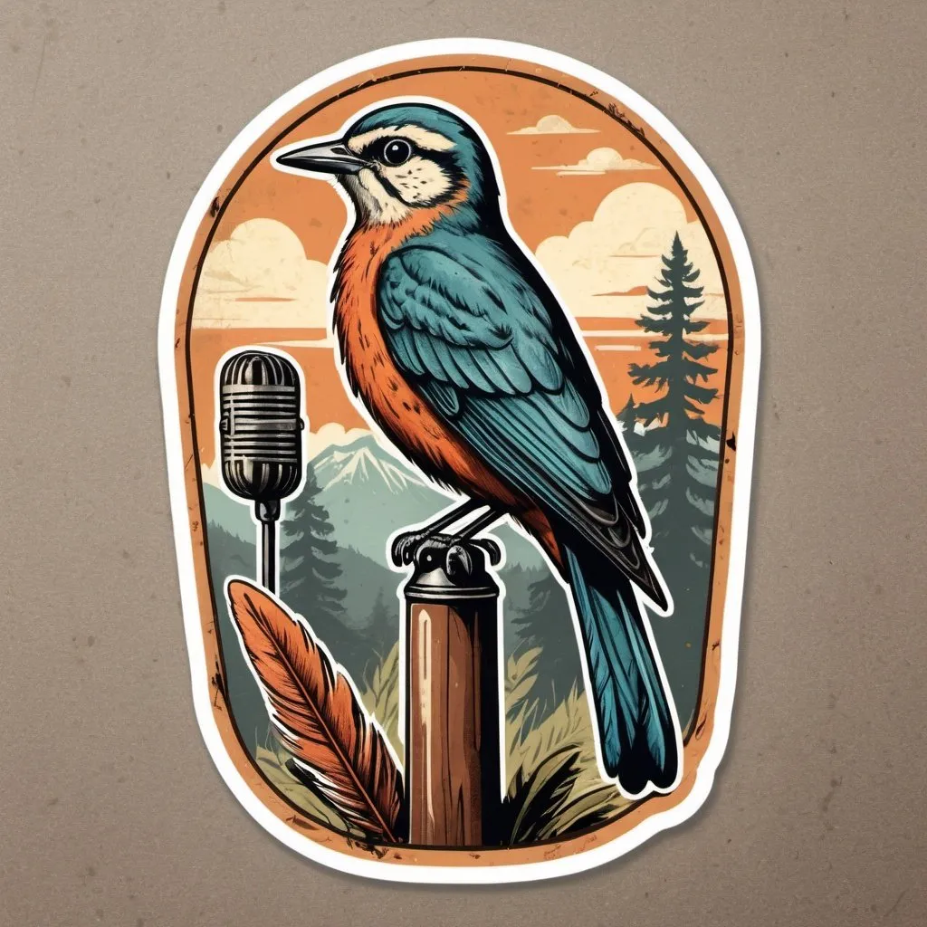 Prompt: Vintage national park sticker with a bird, retro design, microphone pointed at chirping bird, nature illustration, textured vintage art style, old-fashioned color tones, detailed feathers, retro sticker, nostalgic, vintage, national park, bird illustration, microphone, nature, textured art, retro design, old-fashioned colors, detailed feathers, vintage style, nostalgic vibes, wildlife art, rustic, vintage sticker, detailed illustration