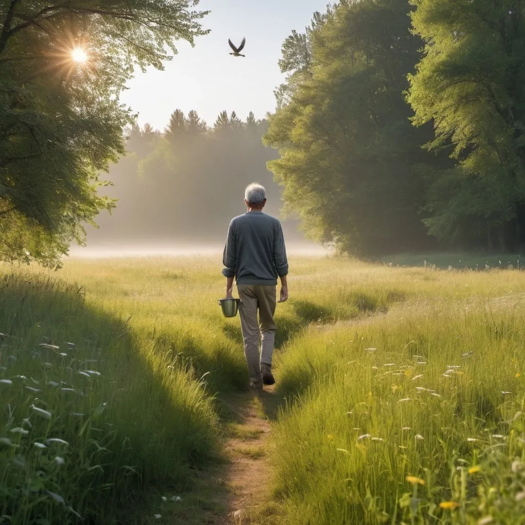 Prompt: serene morning walk through meadow listening for birds, person carrying a cup of coffee