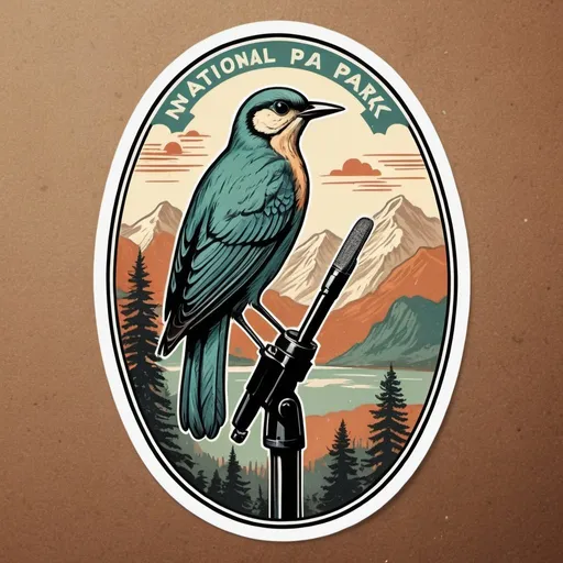 Prompt: Vintage national park sticker with a bird, retro design, microphone pointed at chirping bird, nature illustration, textured vintage art style, old-fashioned color tones, detailed feathers, retro sticker, nostalgic, vintage, national park, bird illustration, microphone, nature, textured art, retro design, old-fashioned colors, detailed feathers, vintage style, nostalgic vibes, wildlife art, rustic, vintage sticker, detailed illustration