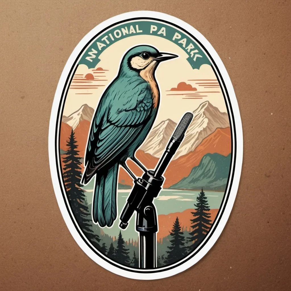 Prompt: Vintage national park sticker with a bird, retro design, microphone pointed at chirping bird, nature illustration, textured vintage art style, old-fashioned color tones, detailed feathers, retro sticker, nostalgic, vintage, national park, bird illustration, microphone, nature, textured art, retro design, old-fashioned colors, detailed feathers, vintage style, nostalgic vibes, wildlife art, rustic, vintage sticker, detailed illustration