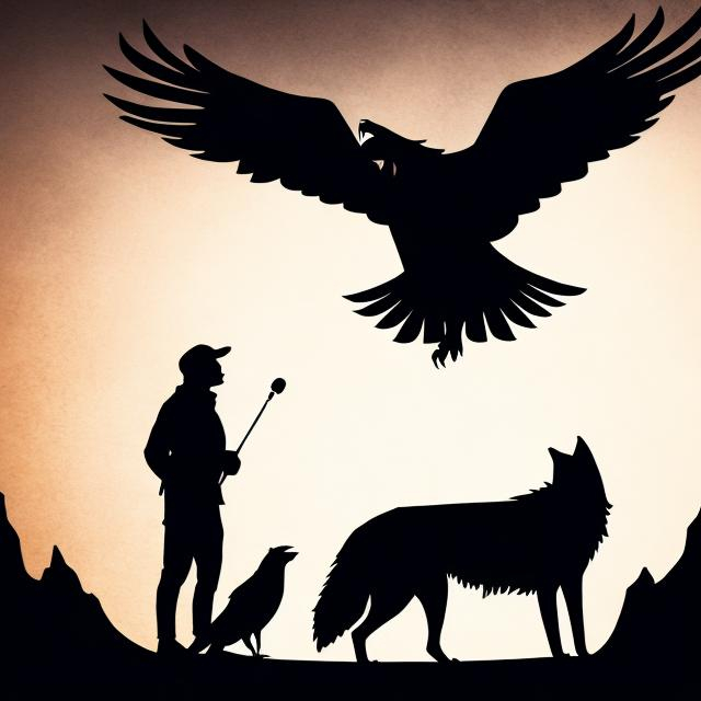 Prompt: show w silouette of a wolf with an eagle flying above it, and a crow walking on the ground. They are near a canyon and a person is holding a microphone to capture bird song
