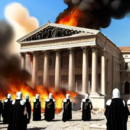 Prompt: grand roman embassy being burned down by legionnaires in black robes