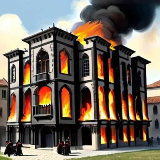 Prompt: grand medieval embassy being burned down by legionnaires in black robes