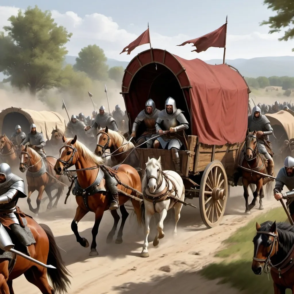 Prompt: digital art, high quality, high res, medieval bandits attacking trade caravan