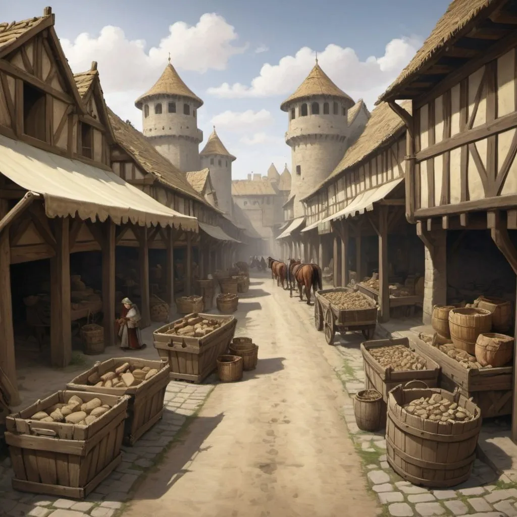 Prompt: medieval prosperous trade road
