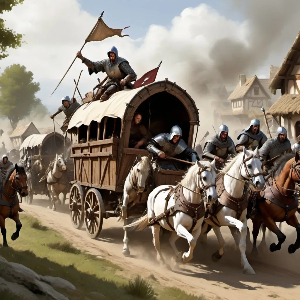 Prompt: digital art, high quality, high res, medieval bandits attacking trade caravan