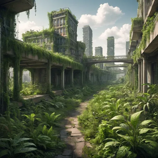 Prompt: A city overgrown with plants hundreds of years after humanity went extinct.