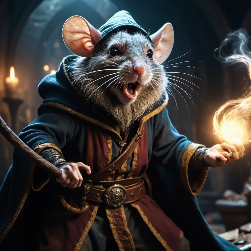 Prompt: i want a Dark and darker inspirated picture with a wizard mouse with a beard fighting a human rouge