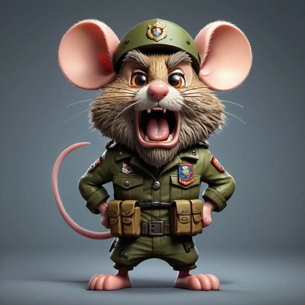 Prompt: a mouse with a big beard looks very angry with military camo clothes with badges. animated emote