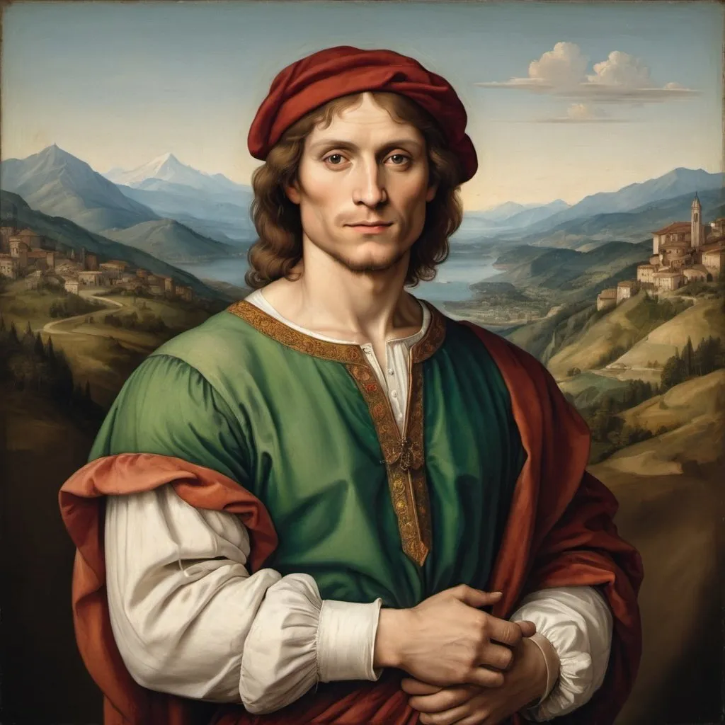 Prompt: "A painted portrait of a man in the style of Italian Renaissance painter Raphael with mountains in the background. full body. human anatomy.
