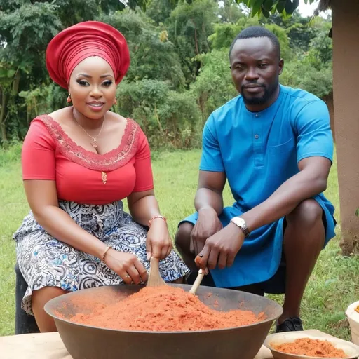 Prompt: Twene Benjamin & his wife Asima Mary are preparing fuf