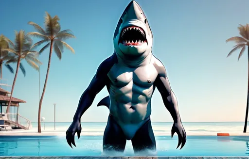 Prompt: Humanoid Shark wearing a swim suit