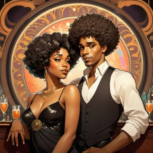 Prompt: Black young man with a short Afro hair and thick black woman in a nightclub cartoon style 
