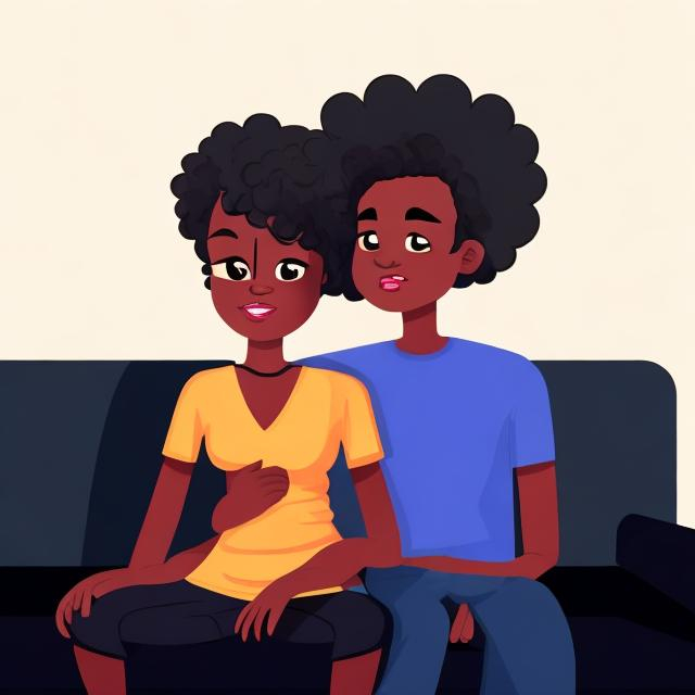 Prompt: Black man sitting on a couch with a black thick  beautiful lady cartoon style 


