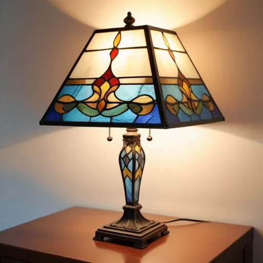 Prompt: Simple (realism style), stained glass table lamp, cool colors, intricate patterns, delicate details, soft light filtering through glass, serene atmosphere, artistic representation, high quality, not detailed, harmonious composition, melding of reality and artistry, elegant curves, inviting warm.square drawing