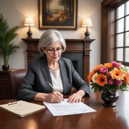 Prompt: create a realistic picture of a woman in her 60s signing a trust estate document at a lawyers office. nice environment with flowers. private study of the attorney with fire place.
