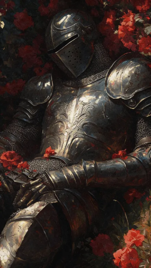 Prompt: A cinematic dark fantasy oil painting of a medieval knight in full steel armor, sitting calmly in a dense field of deep red flowers. The knight’s helmet is closed, face unseen, creating a mysterious and solemn mood. The armor is worn, scratched, and detailed with realistic reflections and textures. Soft natural light filters through foliage, casting gentle highlights on the metal. The red flowers surround and partially cover the knight, creating a strong contrast between cold steel and vivid nature. Painterly brush strokes, dramatic lighting, shallow depth of field, ultra-detailed, realistic proportions, moody atmosphere, renaissance-inspired composition, dark fantasy aesthetic, high resolution.

Negative prompt (optional):
cartoon, anime, low detail, blurry, modern clothing, exposed face, bright colors, oversaturated, sci-fi

Style tags (optional):
oil painting, chiaroscuro lighting, cinematic, fantasy art, realistic, dark mood