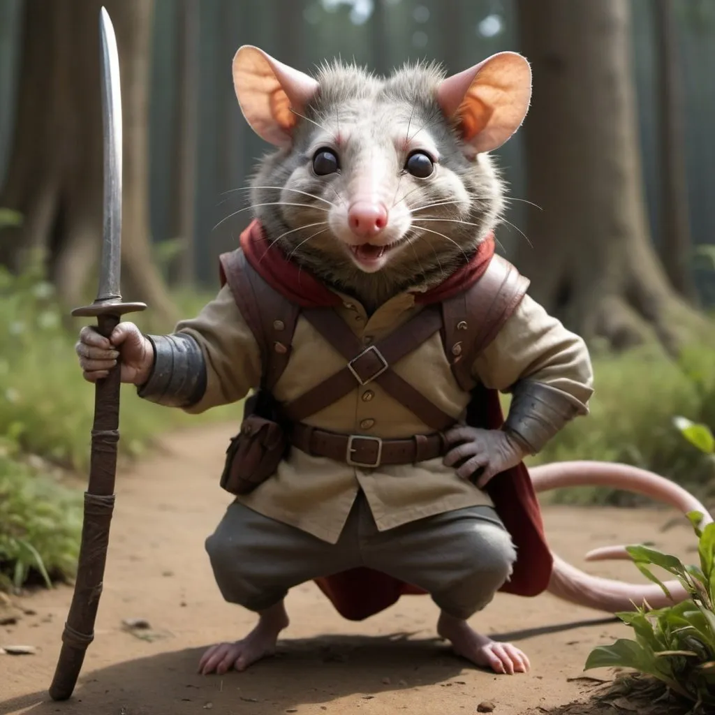 Prompt: A possum in the the style of Redwall on a battlefield and showing the possum’s full body in a hero shot