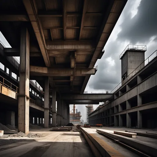 Prompt: (حديد و اسمنت), industrial scene, fusion of steel and concrete, bold textures, stark contrast, urban landscape, gritty atmosphere, dramatic shadows, moody lighting, modern architectural elements, rough surfaces, high quality, 4K resolution, capturing the essence of construction and industry, conveying strength and durability.