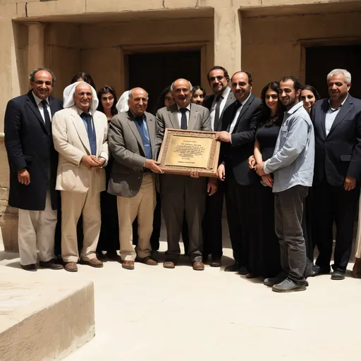 Prompt: a group of people standing around a man holding a plaque in his hands and a woman holding a plaque, Fathi Hassan, paris school, award, egyptian art