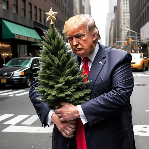 Prompt: Real Trump hugging a small Christmas tree on a street in new york