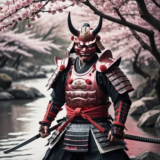 Prompt: Samurai in armor and demon mask in front of a bloody river, cherry blossoms, lowered katana, detailed armor, intense expression, high quality, traditional Japanese art style, dark and moody tones, atmospheric lighting, detailed demon mask, reflective armor, cherry blossom petals, falling petals, epic battle scene