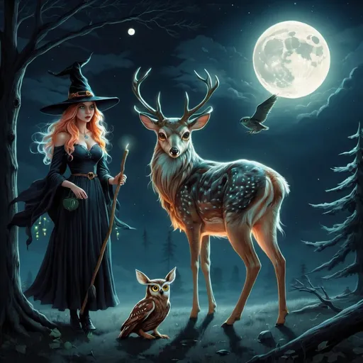 Prompt: A luminescent witch, a deer and an owl under a full moon.