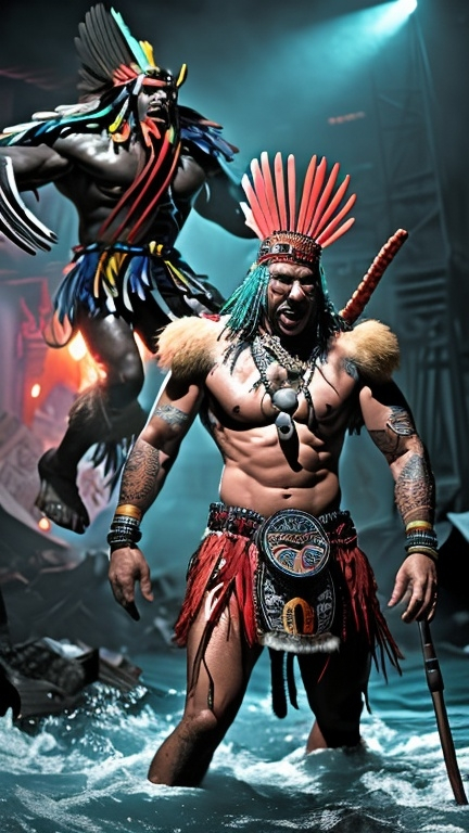 Prompt: "A vibrant and dynamic comic book-style scene featuring two fierce tribal warriors in an intense battle. The warrior on the right is depicted with a traditional feathered headdress and tribal face paint, holding a microphone as if using it as a weapon. He wears a strap with a melodica attached to his back. The warrior on the left is shown in armor and red pants, having fallen into a body of water, with his hands desperately reaching out. The scene is chaotic, with splashes of water and broken vinyl records floating around. In the background, a wooden barricade adds to the setting's rugged atmosphere. The text 'Skank it' is boldly displayed at the bottom in a stylized, comic book font, adding to the overall energetic and dramatic feel of the image."