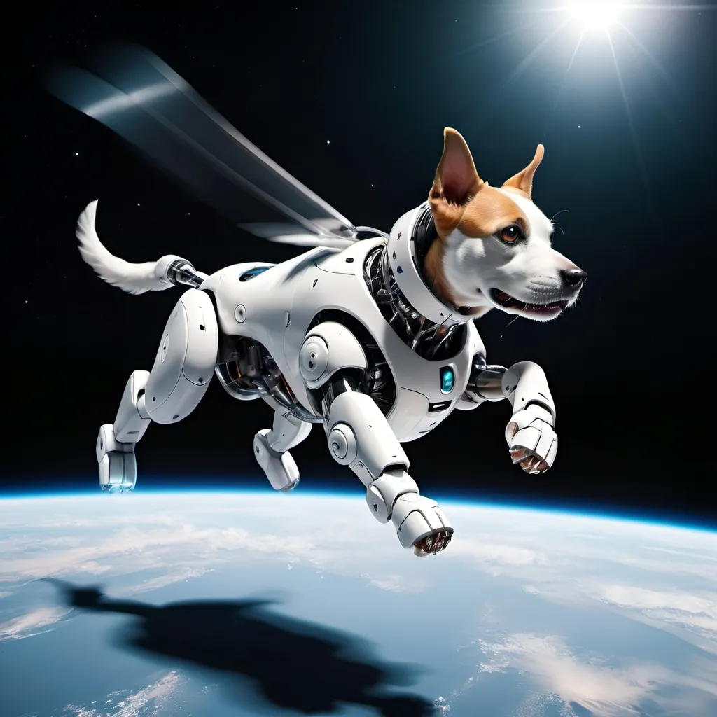 Prompt: RoboDog flying in space