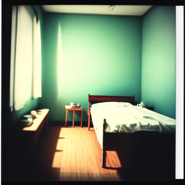 Prompt: empty bedroom polaroid, a nurse figure standing beside the window, a patient is laying on the bed