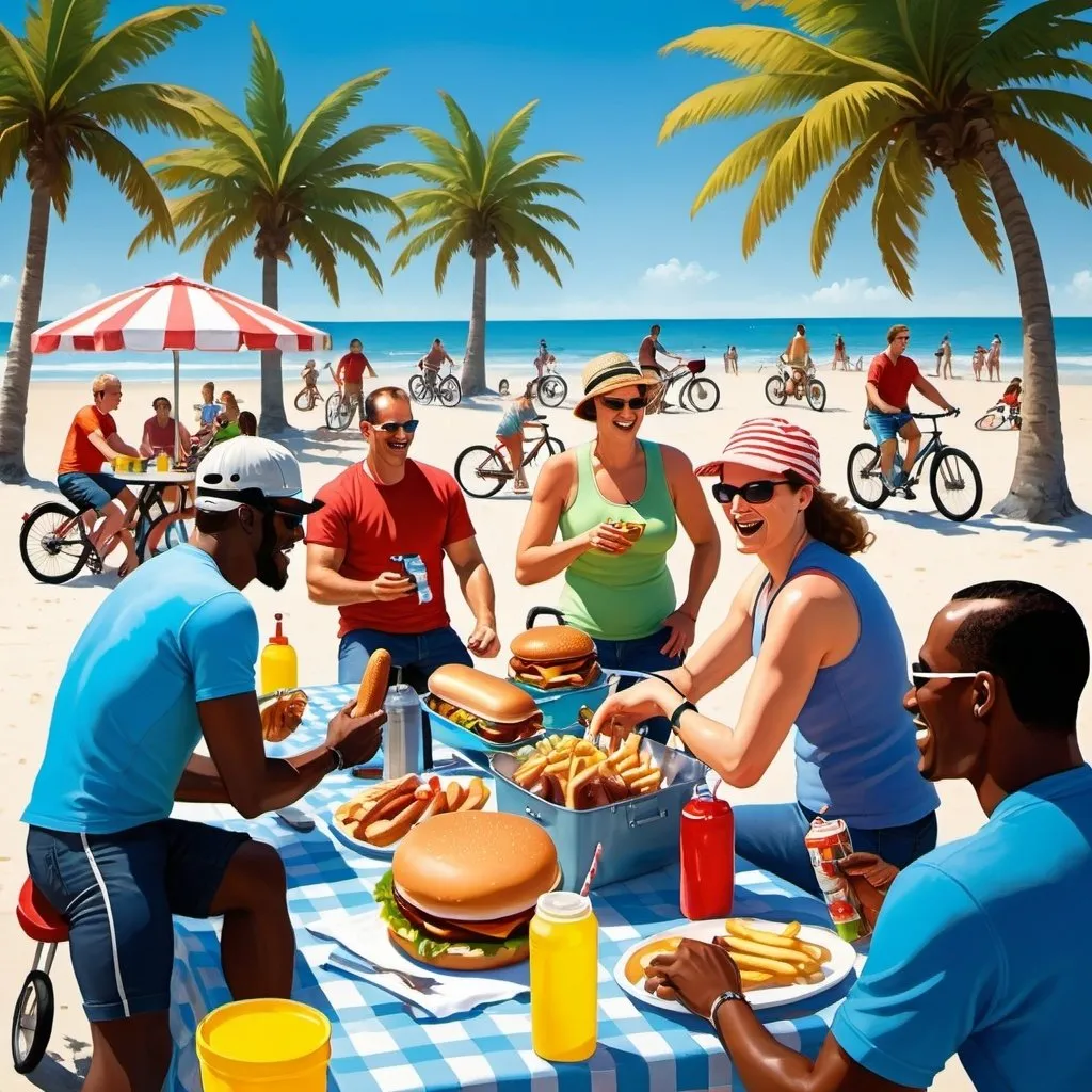 Prompt: A group of bicycle riders and their bicycles of various styles, gathered around a picnic area on a sunny day at a beach on the blue Atlantic Ocean, grilling food on a BBQ grill, sitting at picnic tables or in beach chairs, or playing beach games. A table with food items like burgers, hot dogs, and drinks, and coolers for refreshments. A joyful, relaxed vibe among the group.