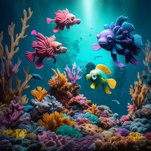Prompt: create an out of this world photorealistic animal never seen before living in the deepest ocean with its 2 babies. In the background show colorful corals