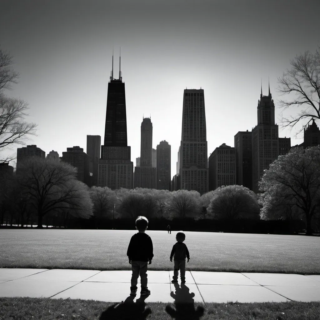Prompt: Kid shadow in park being overshadowed by enormous city skyline like Chicago