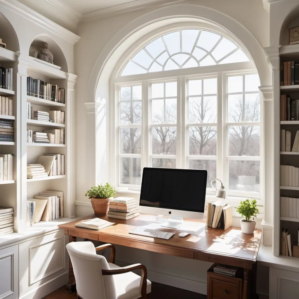 Prompt: Home office with big sunny Palladium window, single computer monitor, two stacks of standard size hardcover books, white book covers, spacious desk, natural lighting, misc-architectural style, detailed computer monitor, professional workspace, sunny, bright, high quality, cozy atmosphere