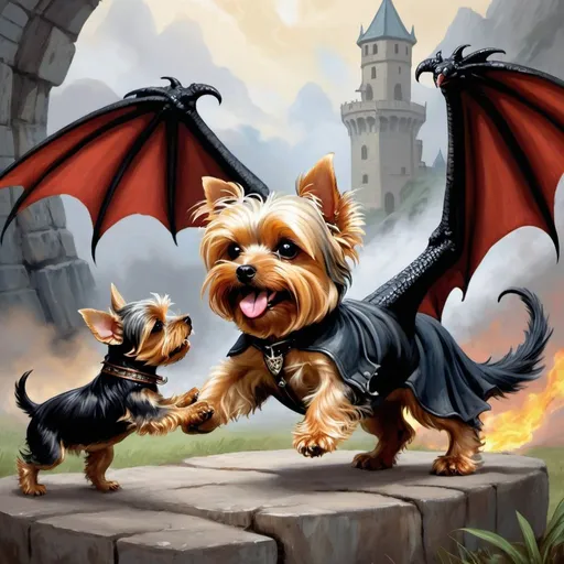 Prompt: Yorkshire terrier fighting a dragon fantasy art
