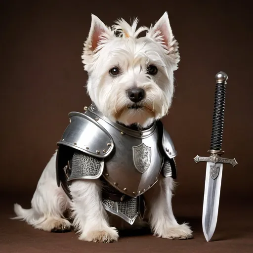 Prompt: Old West Highland Terrier as Knight with sword