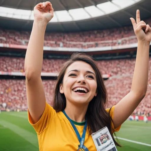 Prompt: create an image of a football stadium where a female fan is extremely happy because ronalodo taken a splendid short 



