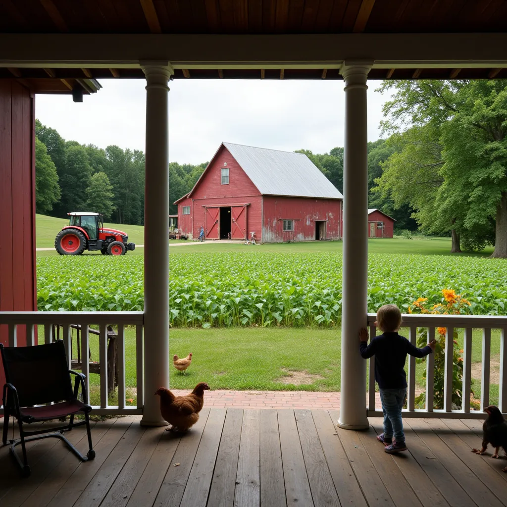 Prompt: The view is from a big farm house porch looking out onto the property we see a big weathered red barn with a tractor inside, green crops are growing in the fields, a young girl is playing with a dog, chickens are roaming around
