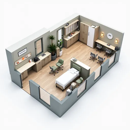 Prompt: 2D floor plan, 200 square feet gaynic clinic, detailed layout, doctor's cabin, waiting area, examination area, reception, functionally designed spaces, clear divisions, practical furnishings, muted color tones, spacious feel, efficient use of space, ultra-detailed, modern aesthetic, architectural design elements, inviting atmosphere, welcoming ambiance, clean lines, professional appearance, well-defined zones.