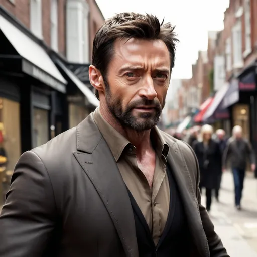 Prompt: Wolverine (Hugh Jackman) walking down the high street, detailed clothing, realistic, natural lighting