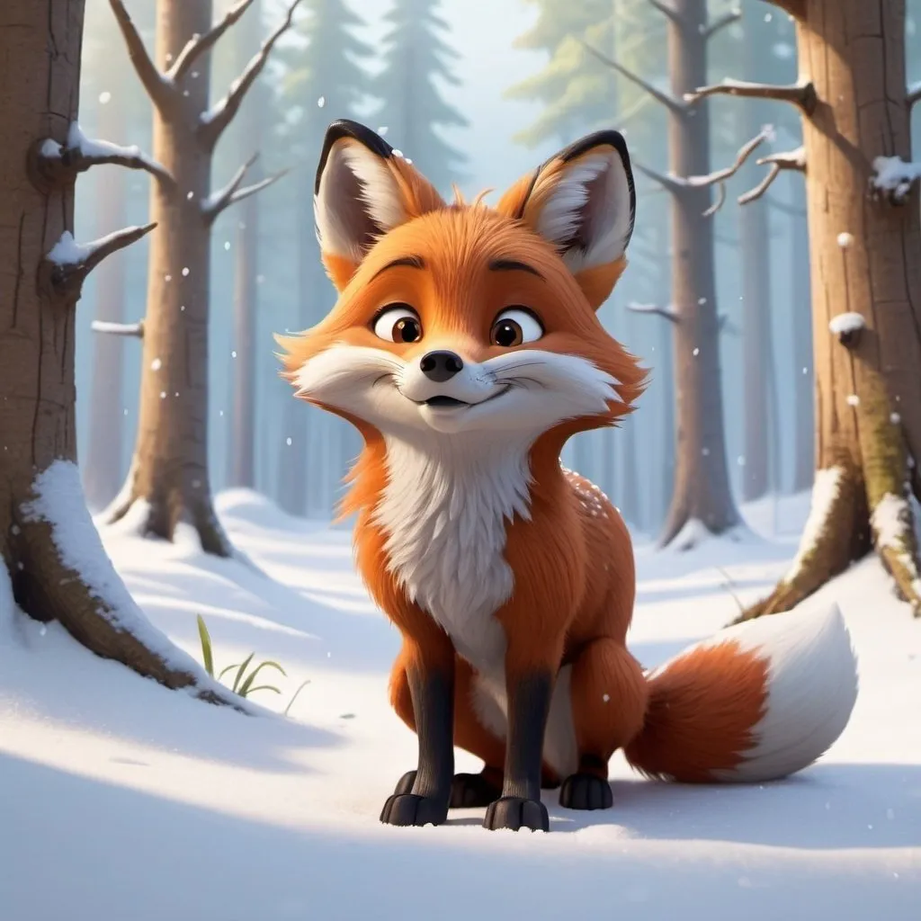 Prompt: A fox in the forest, playing in the snow, Disney style, animated film, cartoon