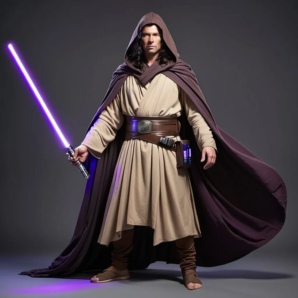 Prompt: 
Full body, middle aged man with brown hooded robe like 3rd century with a purple lightsaber, long wavy black hair, ready for battle